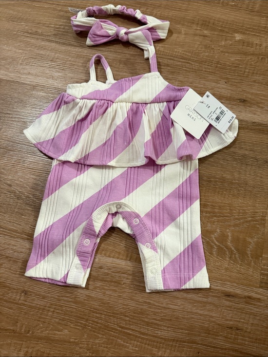 Grayson Mini Other - Girl's Lavender Stripe Ruffle One-Piece Bodysuit with Headband